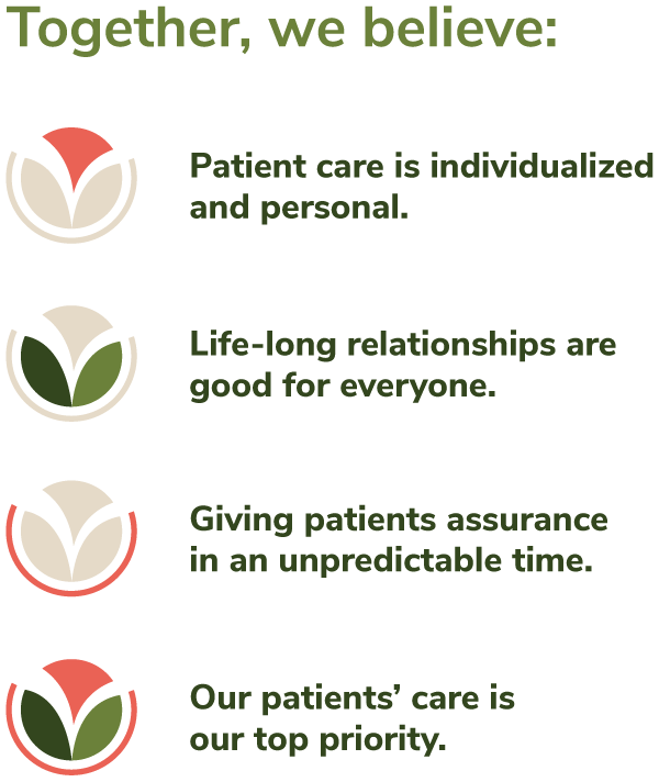 Together, we believe: •	Patient care is individualized and personal. •	Life-long relationships are good for everyone. •	Giving patients assurance in an unpredictable time.  •	Our patients’ care in our top priority. 