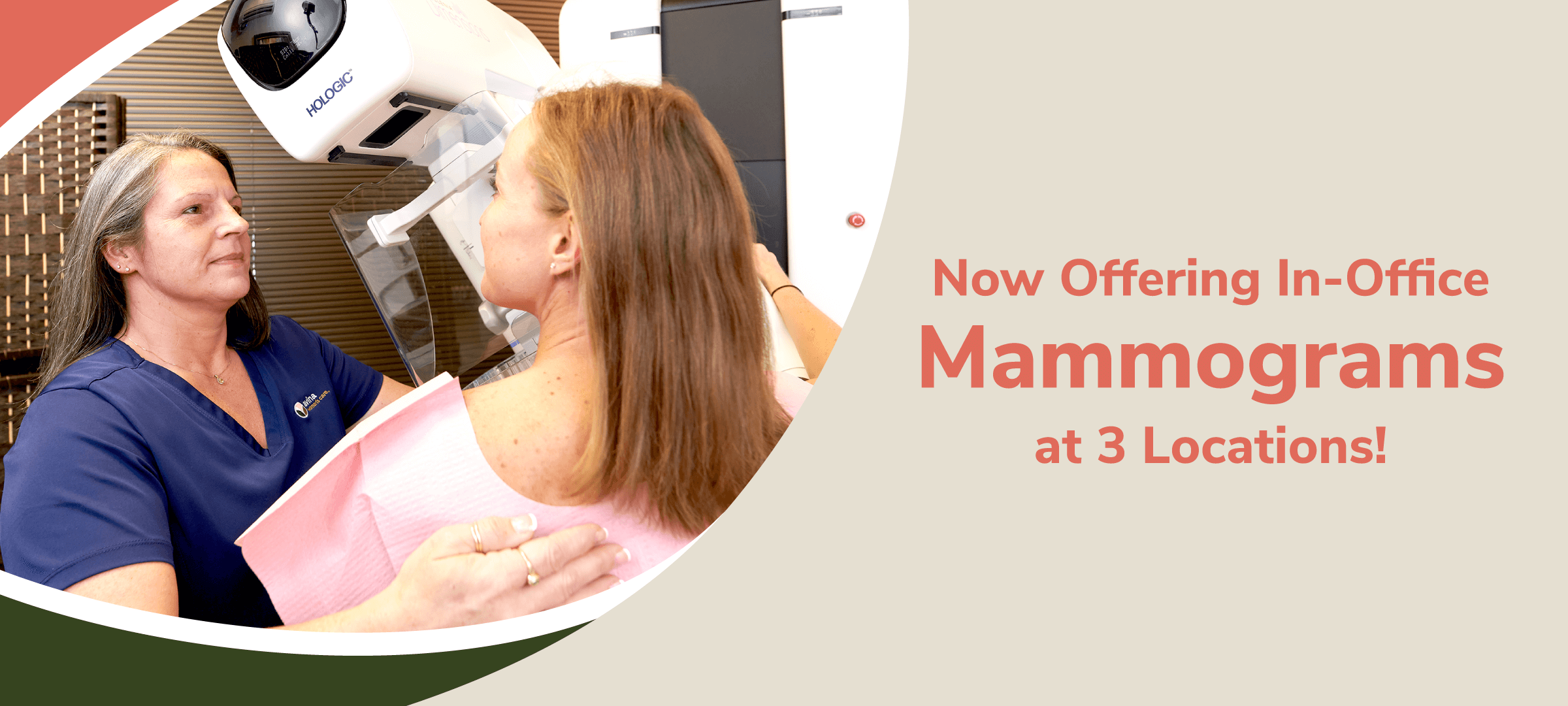 Now Offering In-Office Mammograms at 3 locations! Image of doctor performing mammogram.